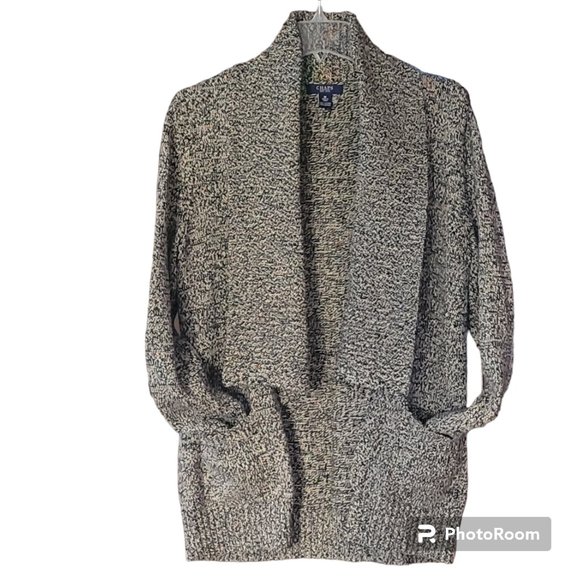 Heathered Open Front Neutral Cardigan Long Sweater Shawl Collar Patch Pockets - Picture 6 of 11